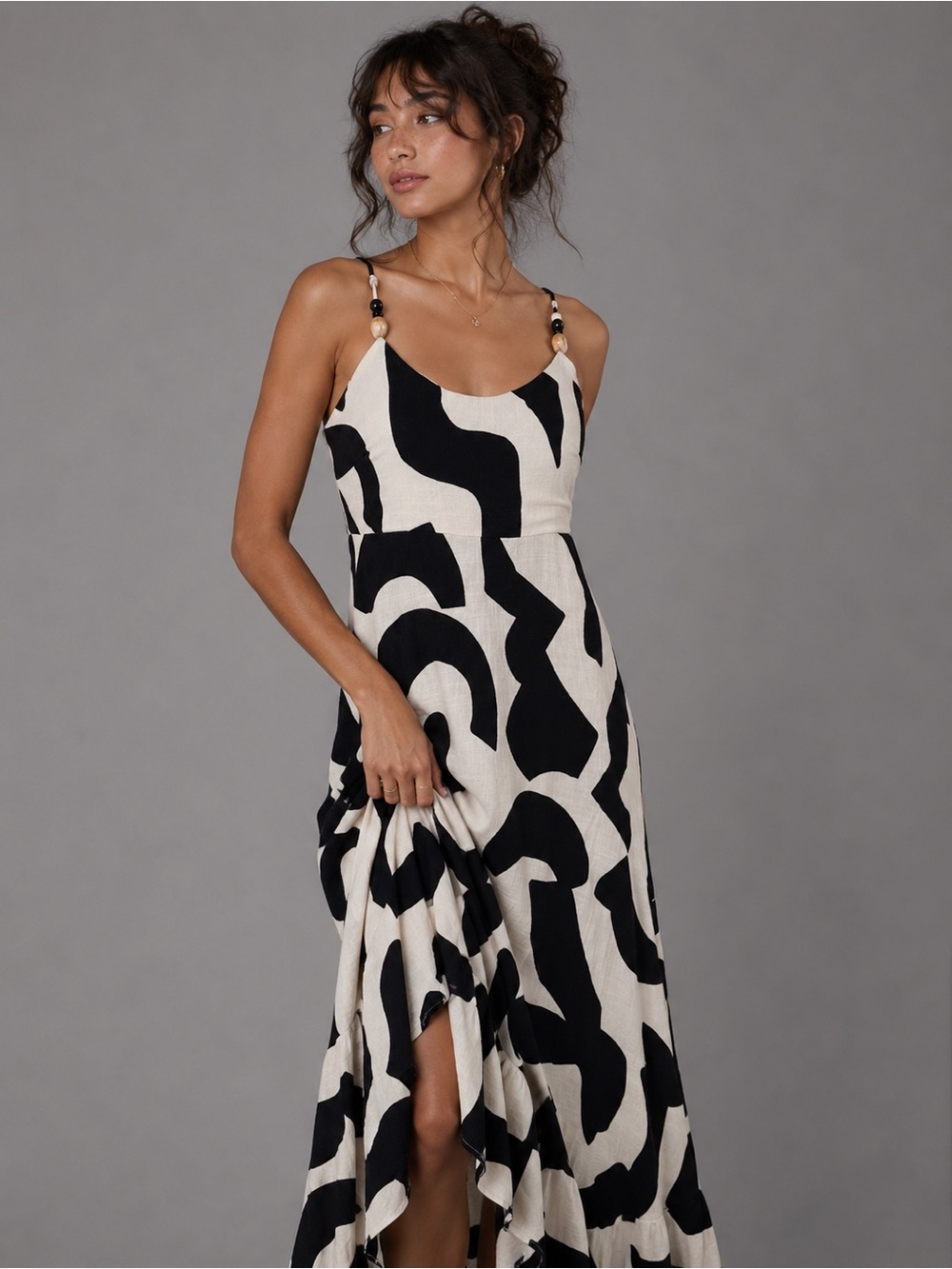 Paper Heart XS Black White Abstract Linen Blend Midi Dress Beaded Straps